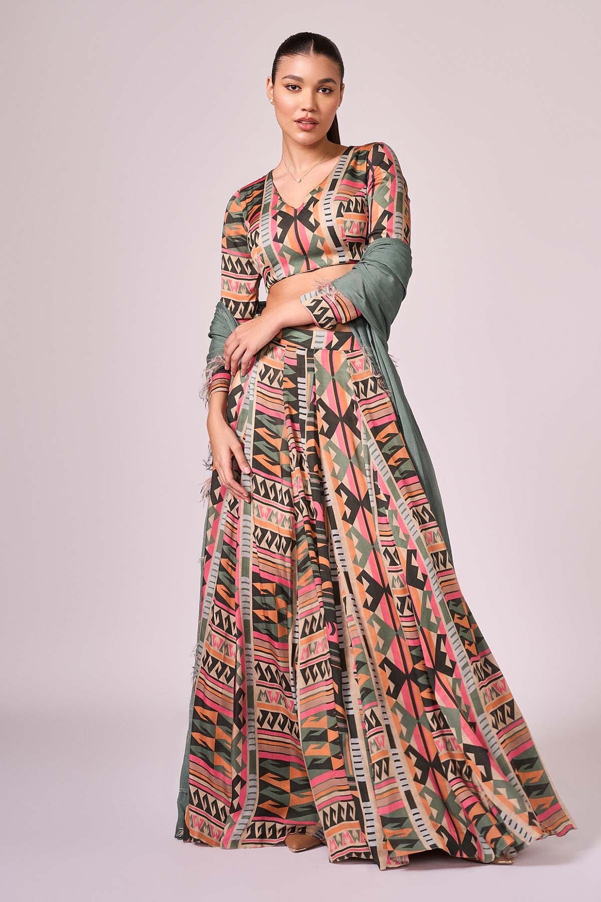 Buy V-Neck Multicolor Lehenga Set by Koswi for women online at ScrollnShops